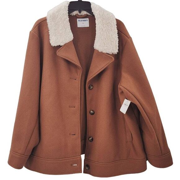 Old Navy NEW Size XXL Brown Sherpa Faux Fleece Collar button Up coat jacket - Picture 1 of 6